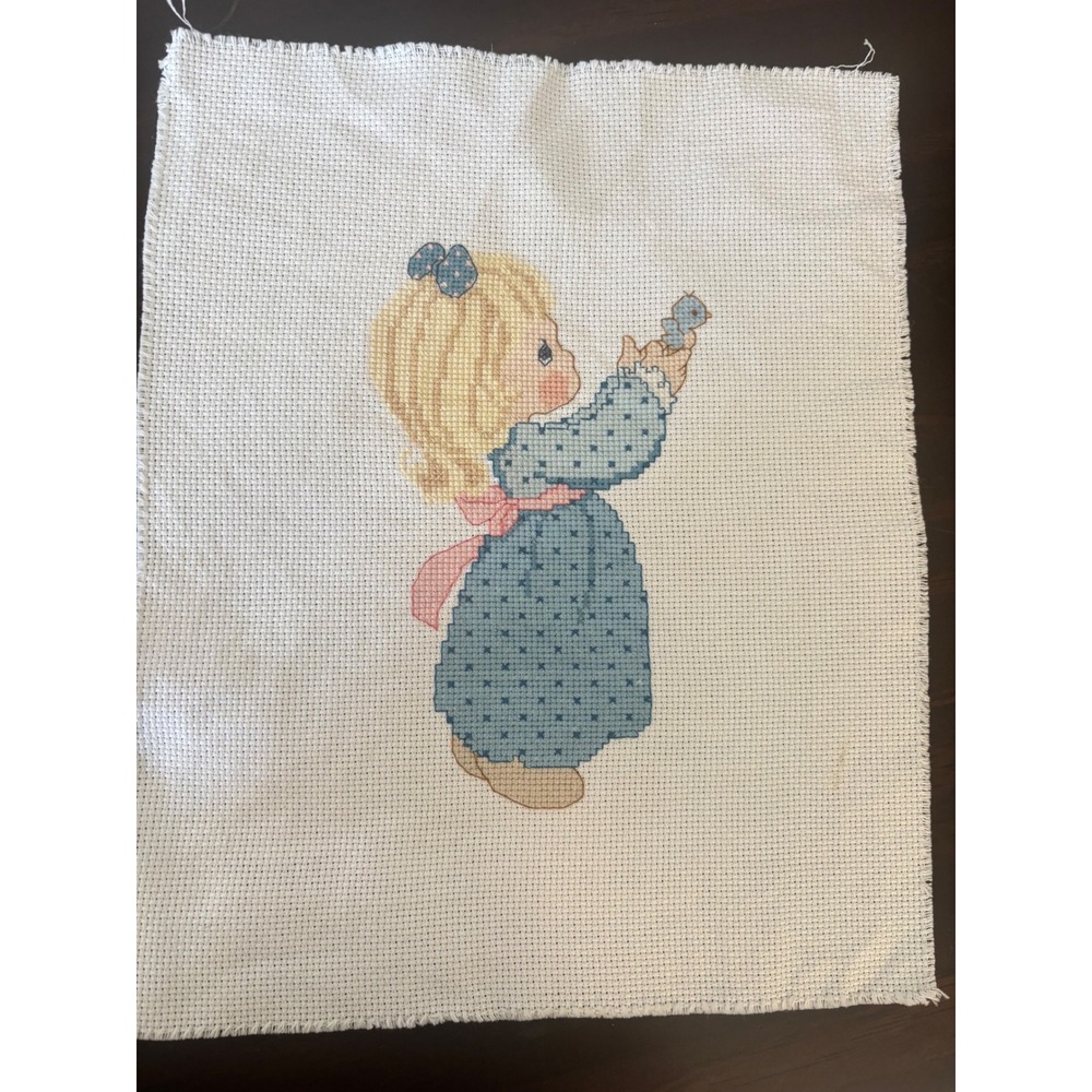Vintage Precious Moments Girl in Blue Nightgown Hand Stitched Cross Stitch Art
